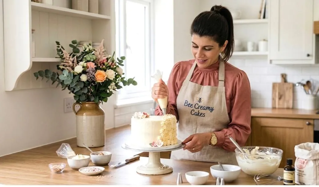 The baker piping buttercream onto a cake in her home kitchen, wearing a Bee Creamy Cakes apron
